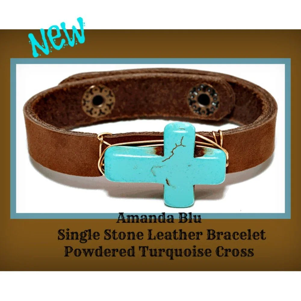 UNISEX Leather Bracelet w/ Distressed Turquoise Cross